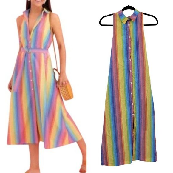M.D.S. Stripes Shirtdress Dress Rainbow Pinafore Collar A-line Midi Pockets Sz 2 - Picture 1 of 13